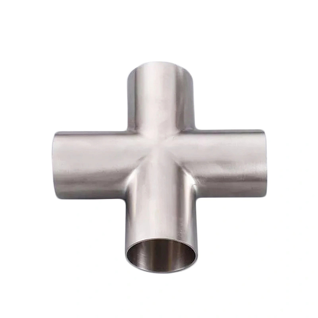 Cruz de encaixe de tubo sanitário de aço inoxidável de quatro vias