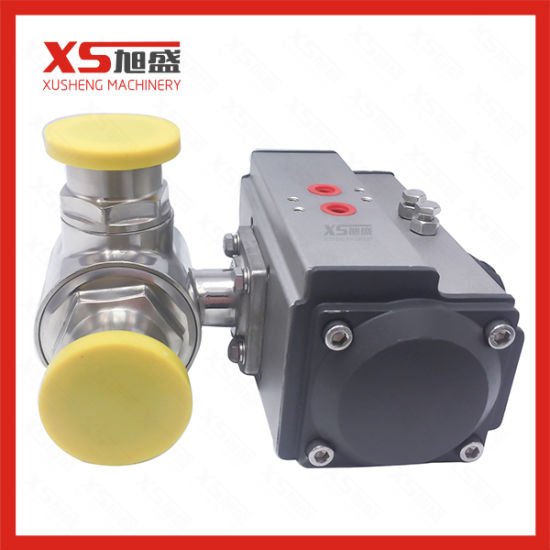 Válvula de esfera de atuador pneumático de três vias sanitárias de aço inoxidável